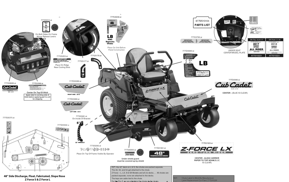 Label Map Diagram and Parts List for Z-FORCELX48KW (17RIDAUB010)(2018) Cub Cadet Lawn Tractor